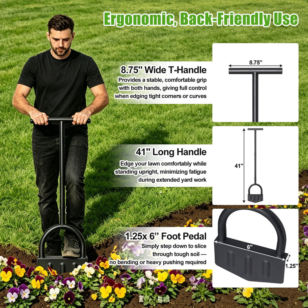 Lilyvane Heavy-Duty Manual Grass Edger 41 Inch – Half Moon Lawn Edger Tool with Wide Footplate, Steel Border Edger for Landscaping, Garden Edging, Trench Digging & Irrigation Cable Burying