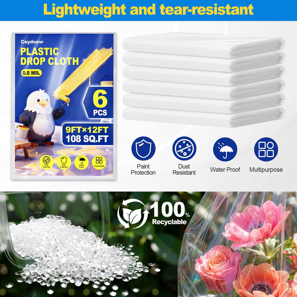 Ceydoew 6 Pack Plastic Drop Cloths for Painting 9x12ft - Disposable Premium Plastic Tarp for Painting, Lightweight Drop Cloth for Painting for Furniture & Floor Protection