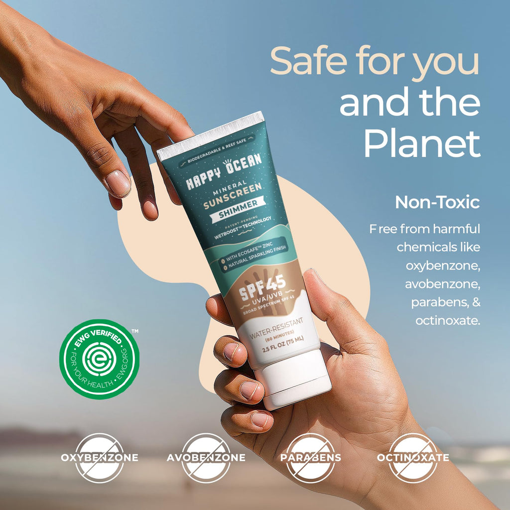 Happy Ocean SPF 45 Shimmer Mineral Sunscreen with Non-Nano Zinc Oxide for Face and Body, Natural Sparkling Finish Reef Safe Sunscreen, Travel Size, Non-toxic, Biodegradable, Water Resistant, 2.5 Fl oz