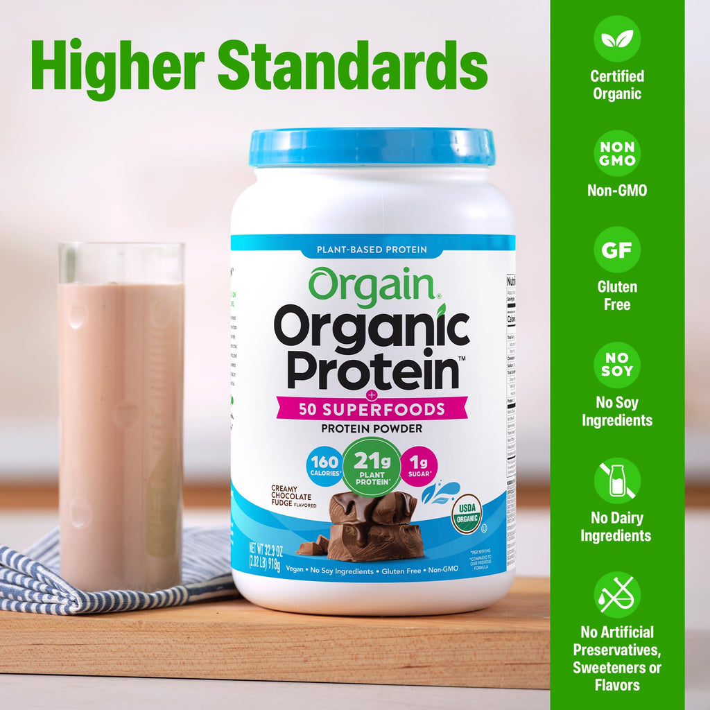 Orgain Organic Vegan Protein + 50 Superfoods Powder, Creamy Chocolate Fudge - 21g Plant Based Protein, 9g Prebiotic Fiber, No Lactose, Gluten Free, No Added Sugar, 2.02 lb (Packaging May Vary)