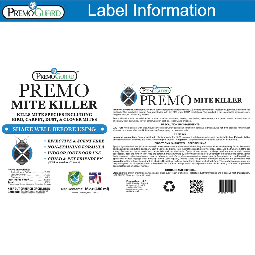 Premo Guard Natural Mite Spray – 16 oz Bottle – Plant Based Treatment for Dust, Spider, Carpet, Bird, Rat Mites – Safe for Families, Pet, Home, Bedding & Furniture When Used As Directed