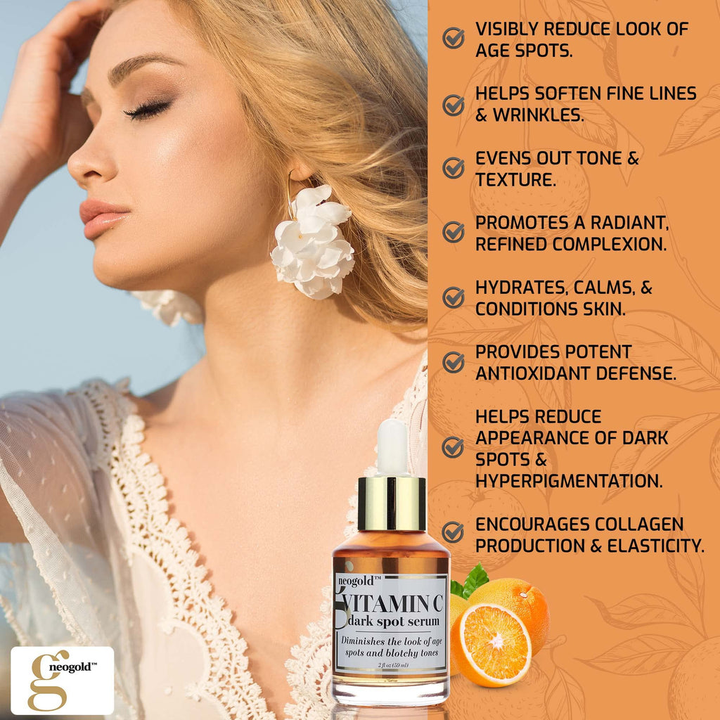 Neogold Brightening Vitamin C Face Serum Anti Aging Eye Serum | Fragrance Free Potent Vitamin C Face Moisturizer Facial Serum For Women, Acne, Dark Spot Treatment, Wrinkles, Uneven Skin Tone, 2 Fl Oz