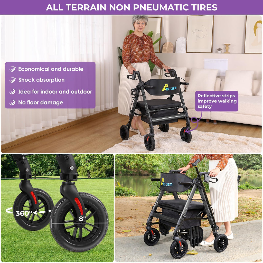 Heavy Duty Rollator Walker for Seniors with Seat, Foldable 2 in 1 Rolling Walkers Wheelchair Combo for Adult, All Terrain Wheels, Adjustable Transport Chair with Brake, 450 lb. Weight Capacity, Grey
