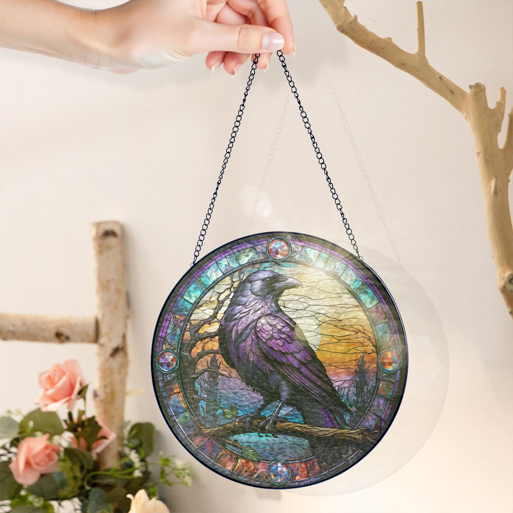 FLAGWIX Raven Crow Gothic Stained Glass Suncatcher, 8 in