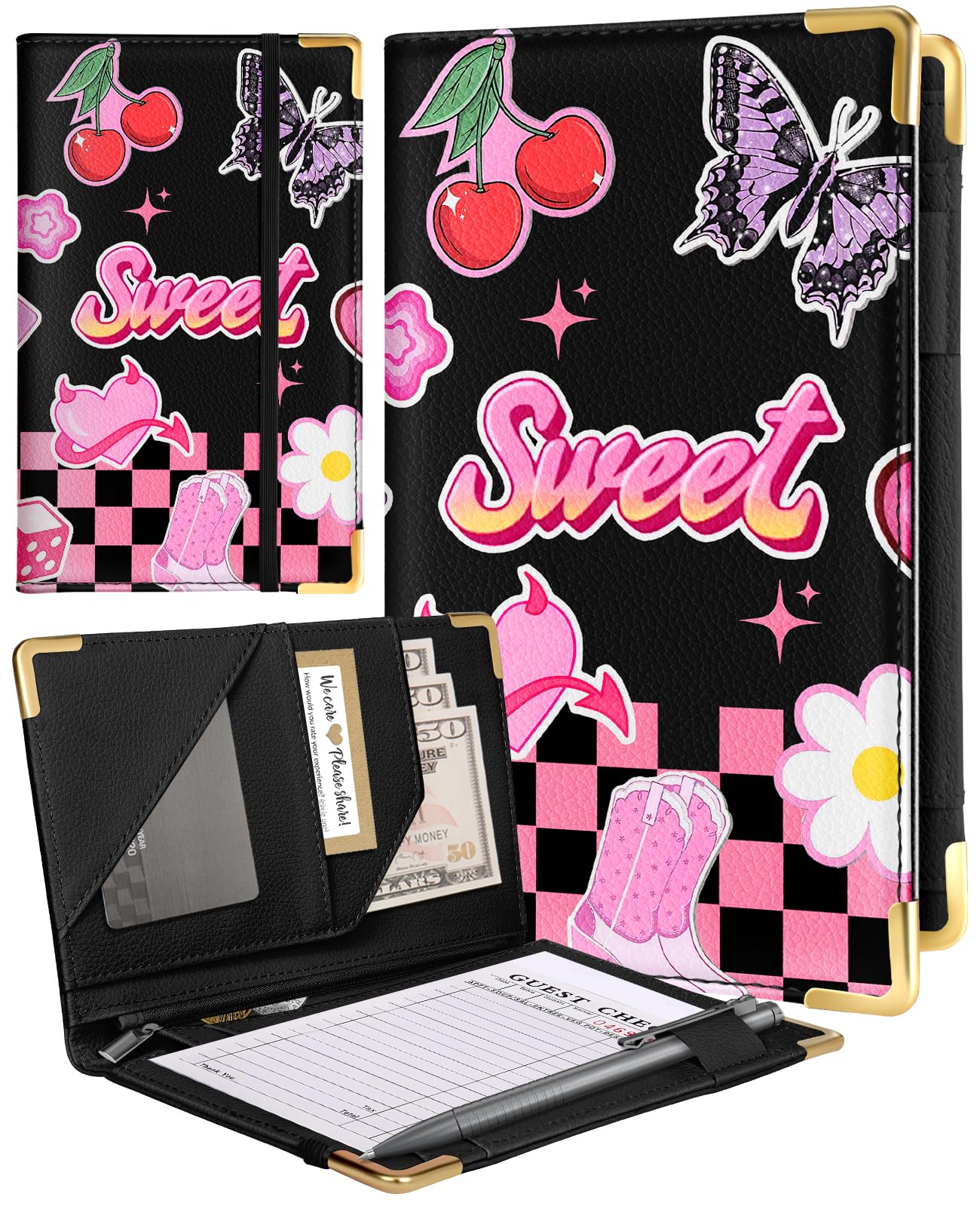 Slohif Server Book for Waitress Cute Serving Books with Zipper Pocket Accessories Leather Server Check Book Restaurant Waiter Server Booklet Organizer Ticket Book Holder Funny Y2K