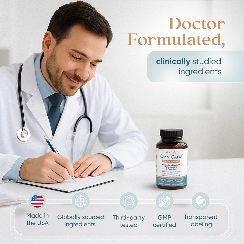 VITALCRAFT LABS OmniCalm Cortisol Supplements for Women & Men | Stress Relief & Sleep Support with Magnesium & Ashwagandha, L Theanine | 14-in-1 Cortisol Reducer, Manager, Detox – USA