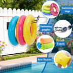 3 Pcs Pool Float Storage Holder, 16.5 Inch Wall Mount Pool Float Organizer Storage Rack with Hangers for Swimming Ring, Towel, Tools & More Storage Indoor Outdoor Space-Saving (Oblique angle)