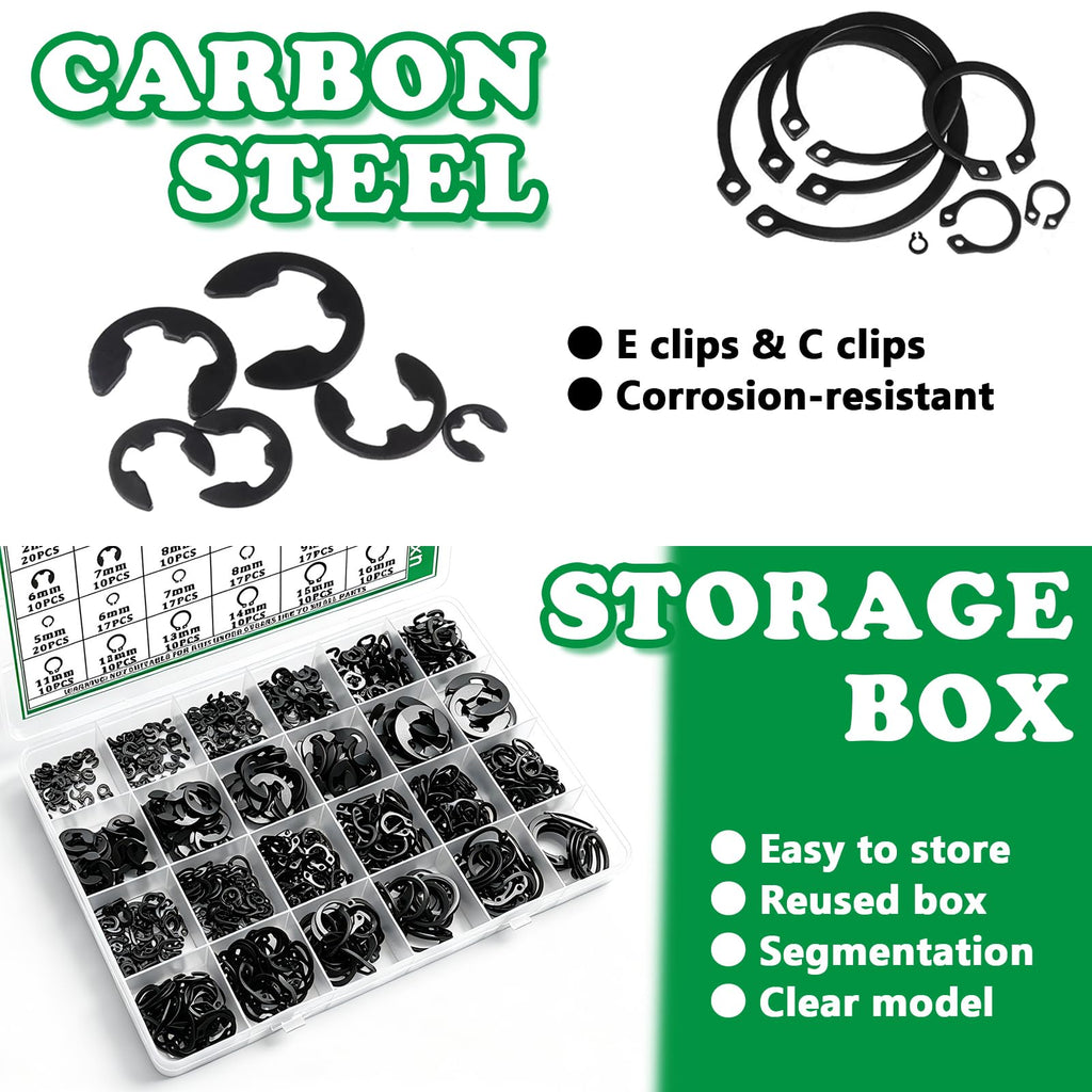 Aienxn 330PCS Snap Rings Kit, E Clips Kit (2-12MM) and C Clips Kit (5-16MM)