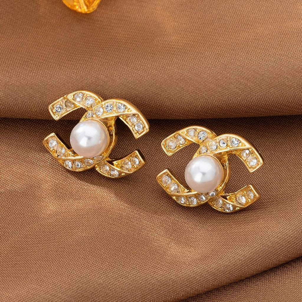 IvoryHaid Golden Pearl Stud Earrings for Women, Cubic Zirconia Paved Designer Style Earrings with faux Pearl, Elegant Luxury Fashion Jewelry idea for Women