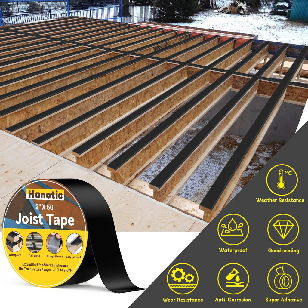 Hanotic Joist Tape for Decking 2'' X 50', 6 Rolls Weather Resistance Butyl Tape, Waterproof and Anti-Corrosion, Self-Adhesive for Wood Joists Decks Beams Roof Extend Deck Life