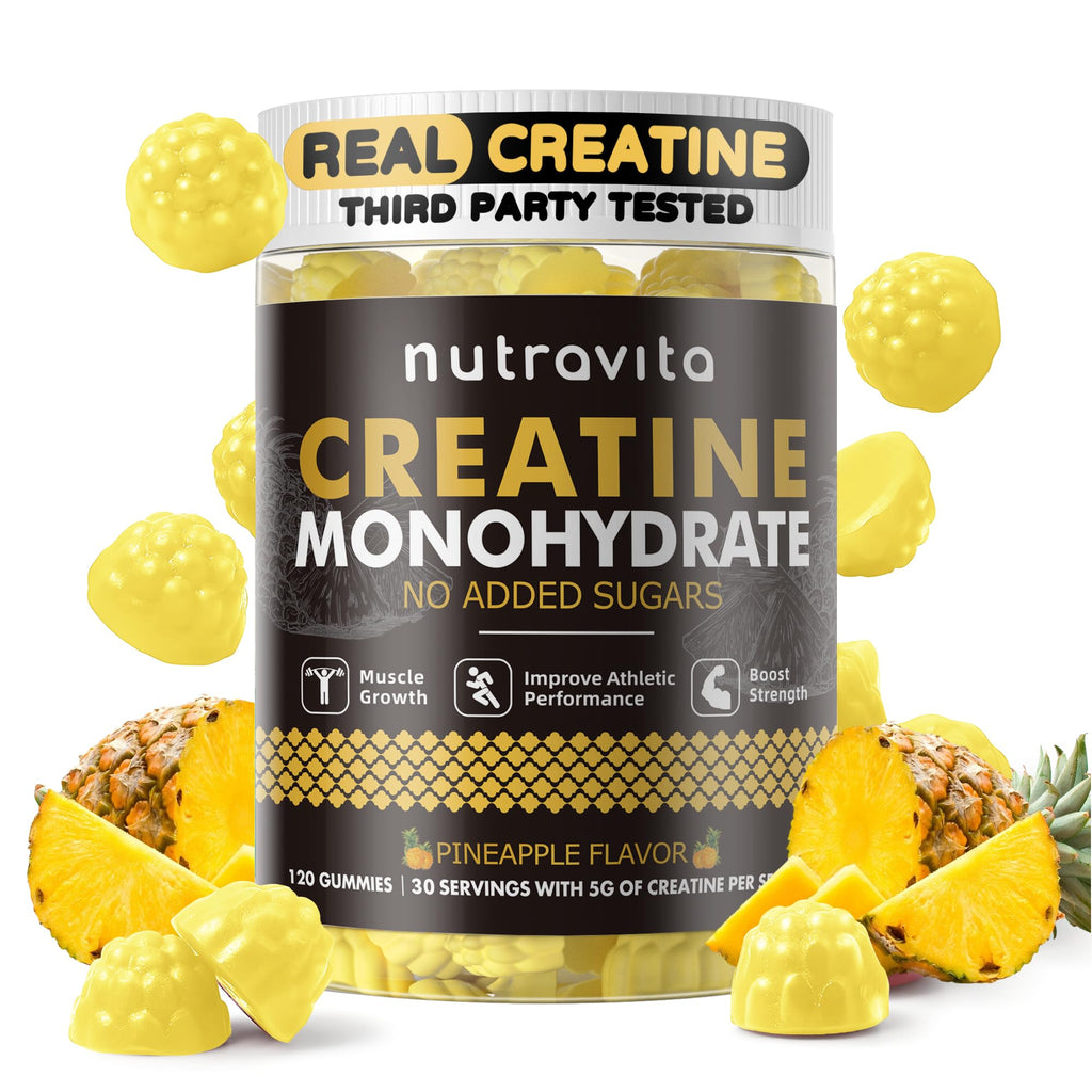 Nutravita NSF Certified Creatine Gummy - Creatine Monohydrate Gummies for Men & Women-5g of Creatine Monohydrate per Serving - Sugar Free,Vegan,Pineapple Flavor, 120 Count