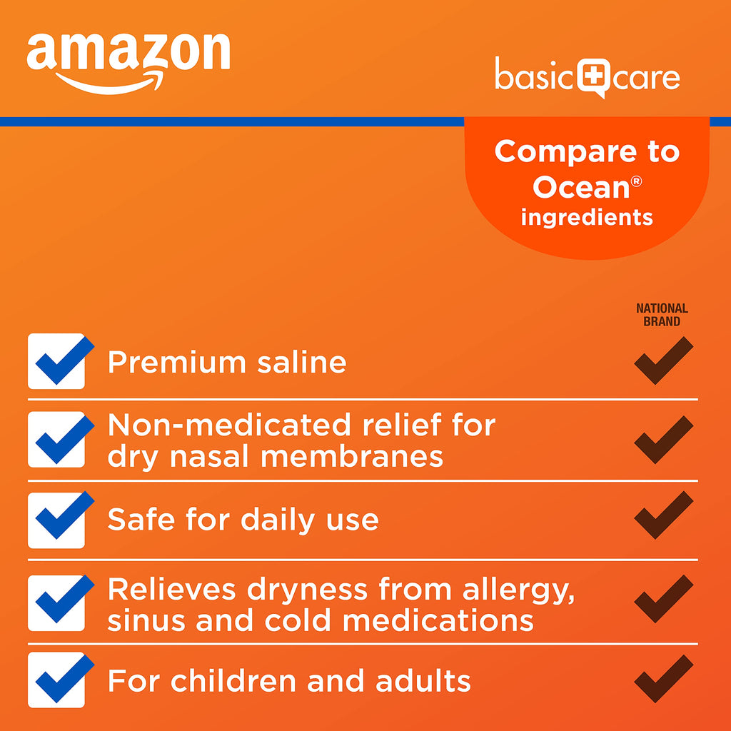Amazon Basic Care Premium Saline Nasal Moisturizing Spray for Allergy Relief, Non-Medicated Relief for Dry Nose, 1.5 fl oz (1-Pack), Clear