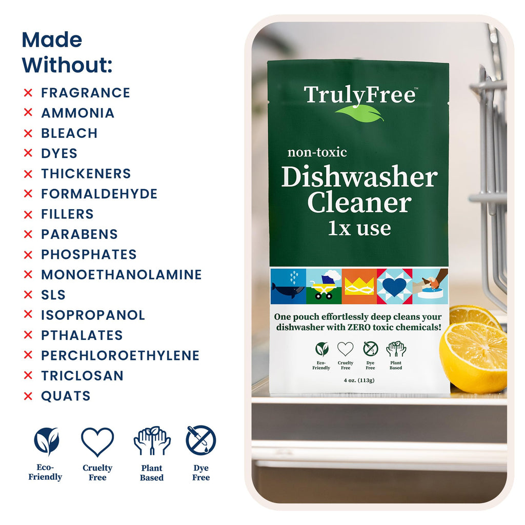 Truly Free Natural Dishwasher Cleaner - Dish Washer Machine Descaler, Fights Grease & Limescale, Hard Water Stain Remover, Smell Eliminator for Clean Dishwashers - Lemon Fresh Scent, 4 oz (Pack of 1)
