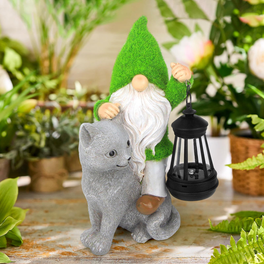 Garden Cat Gnome Decorations for Yard with Solar Lights,Resin Flocked Gnome
