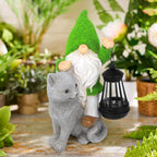 Garden Cat Gnome Decorations for Yard with Solar Lights,Resin Flocked Gnome