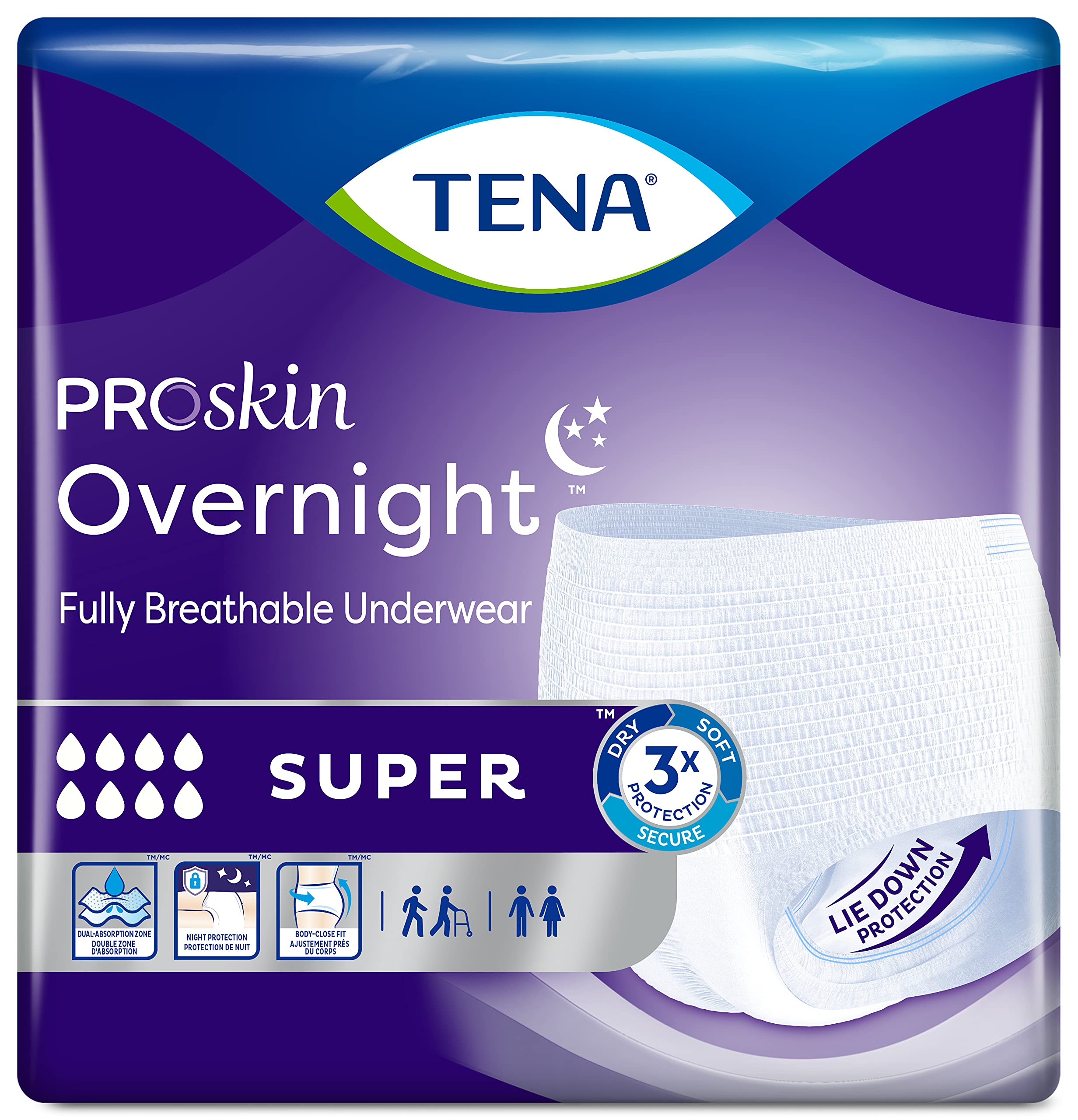 TENA ProSkin Overnight™ Super Protective Incontinence Underwear, Heavy Absorbency, Unisex, Medium, (56 Total - 4 Packs)