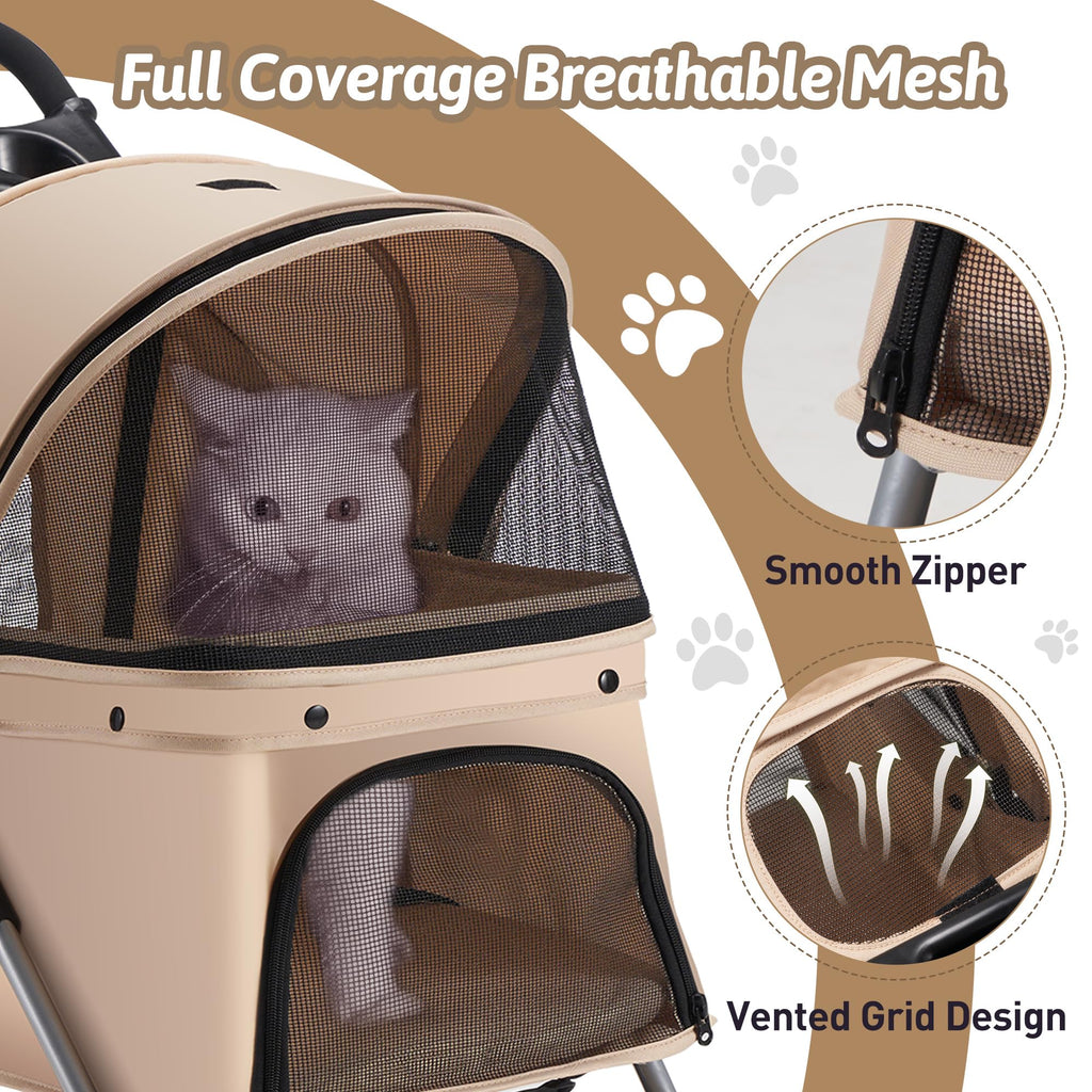 Azaeahom Pet Stroller, 4 Wheels Pet Strolling Cart for Medium/Small Dogs and Cats, Foldable Cat Jogger/Dog Stroller with Cup Holder, Storage Basket, Breathable Mesh, All-Season Pet Carrier, Khaki