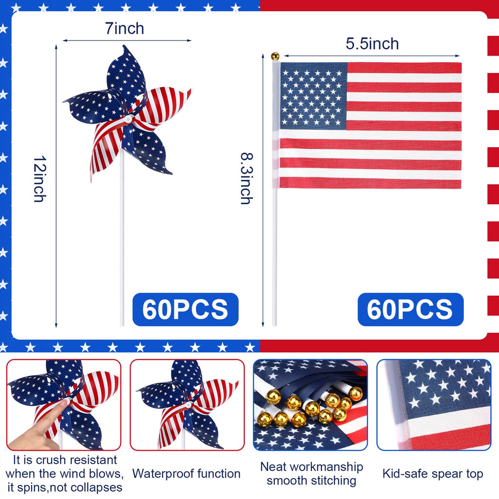 120 Pcs 4th of July Decorations Include 60 Patriotic Pinwheels 60 Small American Flags on Stick, Red White and Blue Pinwheel Windmill for Memorial Day Independence Day Parade Yard Decor Garden Outdoor