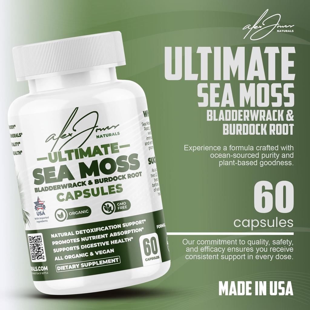 Alex Jones Ultimate Seamoss Capsules – Vegan, Non-GMO Seaweed Supplement w/Bladderwrack & Burdock Root – Immune Boost, Energy Support Sea Moss Supplements for Men & Women - 60 Nutrition Support Pills