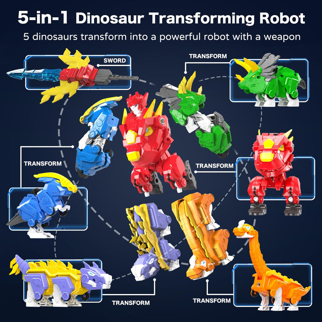 RISUNTOY 6+ Kids 5-in-1 Dinosaur Transforming Robot Toy - Safe, Durable, Easy Assembly | Educational Gift for Boys & Girls - Build & Combine into Mega Robot with Weapon