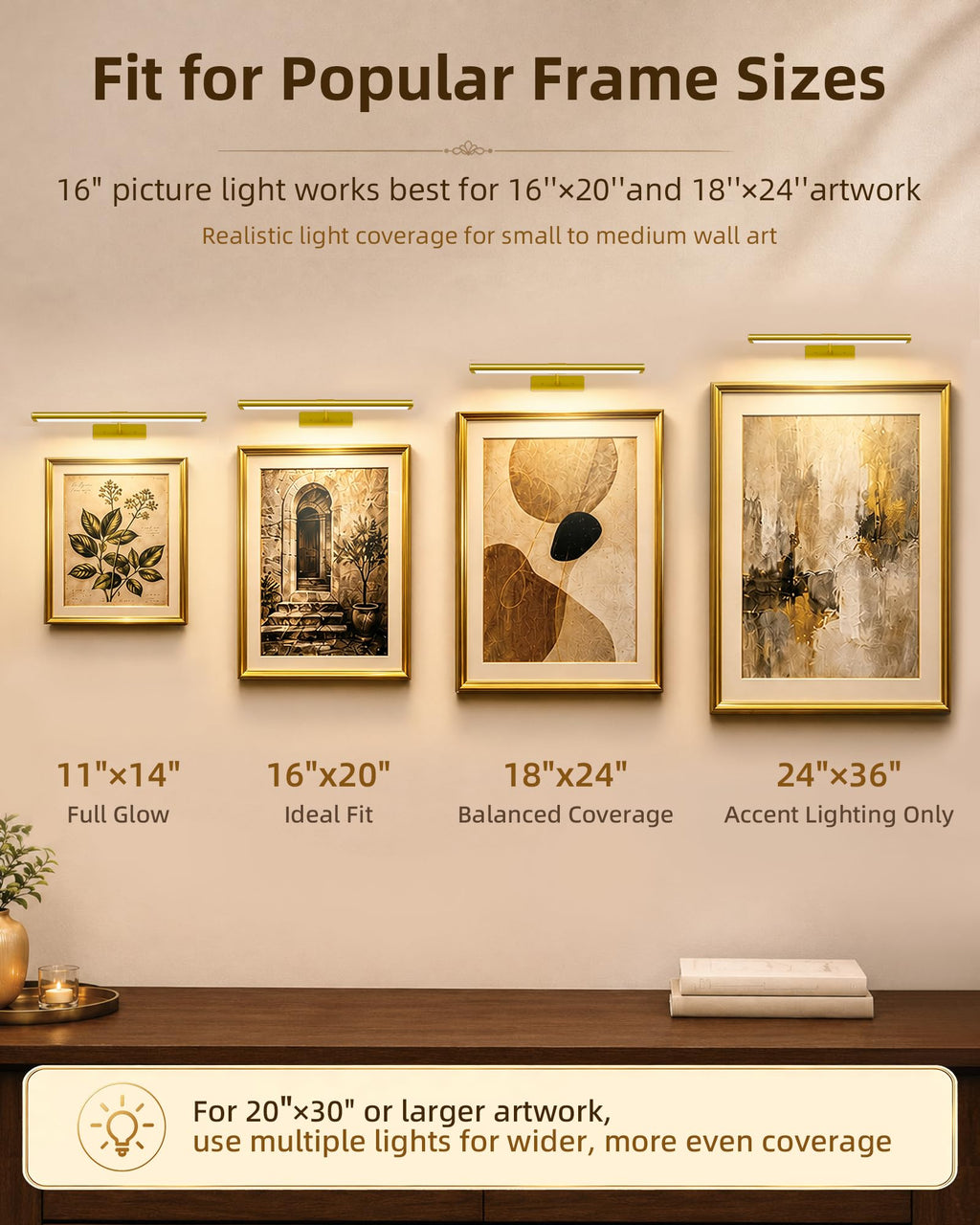 EZVALO Picture Light for Wall, 4800mAh Rechargeable Wireless Remote, 16‘’ Dimmable Magnetic LED Art Display Light with 3 Color Temperatures, for Gallery, Living Room, Bedroom, Hallway (Gold)