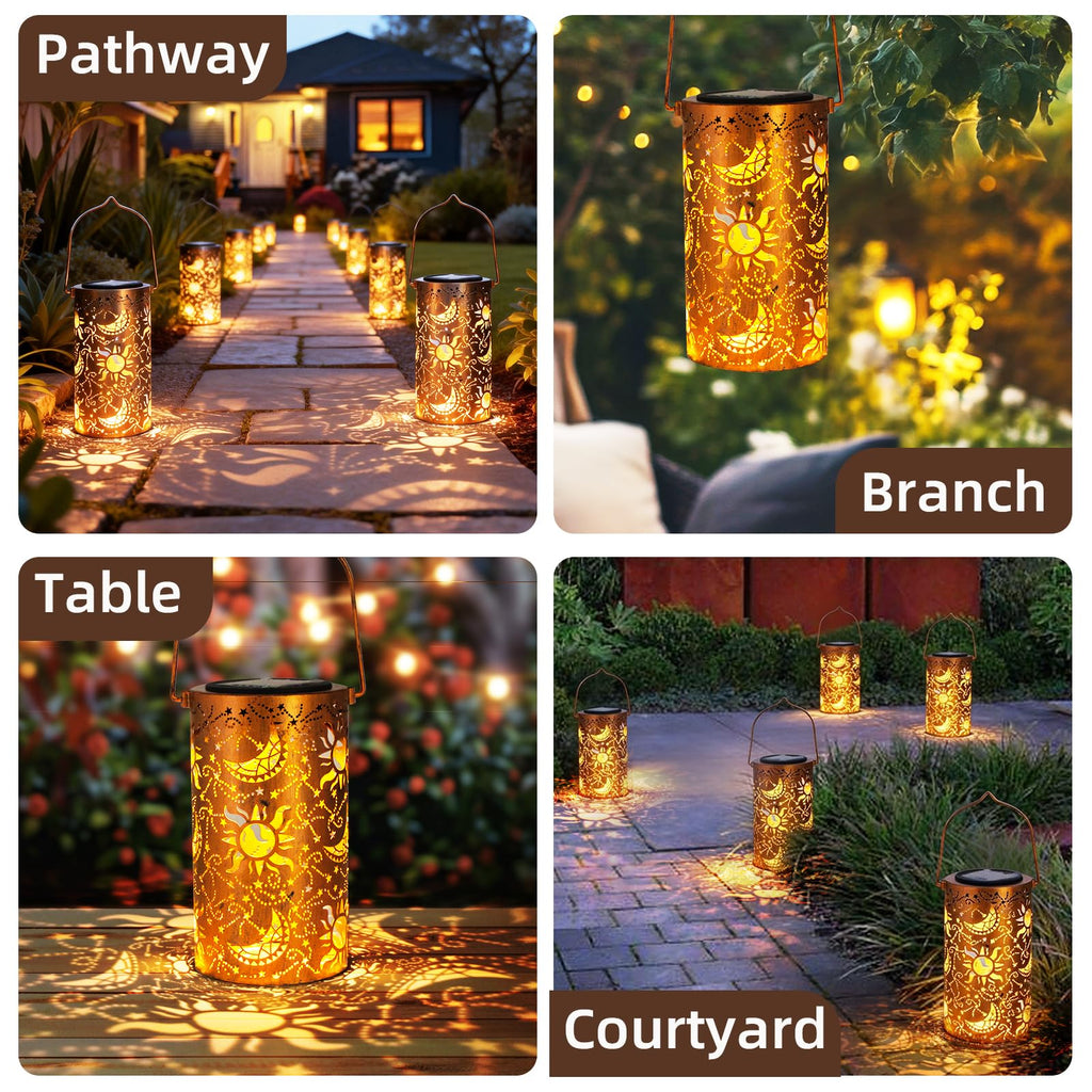 DIBIEECN Birthday Gifts for Women Mom Grandma Wife, Solar Lanterns Outdoor Waterproof, Metal Hanging Lights Garden Decor, LED Decorative Lantern for Patio Porch Backyard, Sun and Moon, 1 Pack