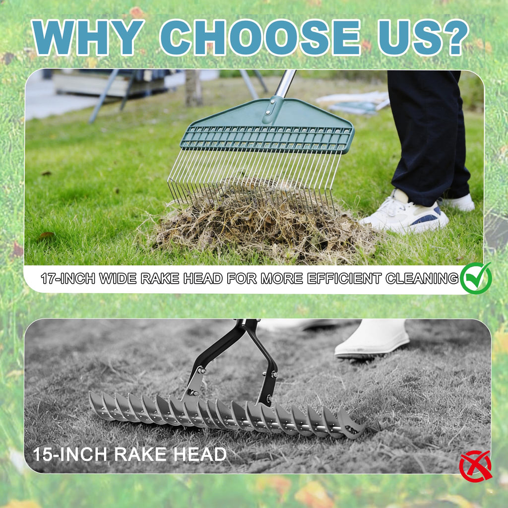 YEELOR Thatch Rake, 66" Adjustable Handle, 17" Wide Dethatcher Rake for Garden, Patio & Lawn, Cleans Dead Grass, Thatch, Pine Needles & Acorns (Right-Angle Hook)