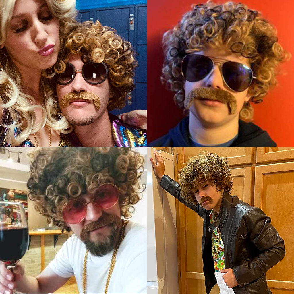 TUOFLY Disco Wig 5Pcs Set (Wig+ Glasses+ Necklace+ Mustache+ Wig Cap) 70'S Costumes Wig Afro Wig Men Short Curly Natural Fluffy Synthetic hair Wig for Halloween Disco Party