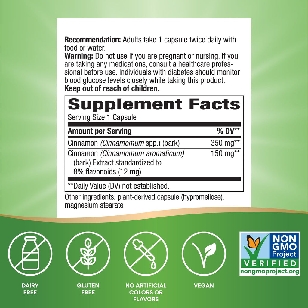 Nature's Way Cinnamon Premium Extract, Supports Carbohydrate Metabolism*, Non-GMO Project Verified, Standardized to 8% Flavonoids, 120 Vegan Capsules (Packaging May Vary) - 2 Pack