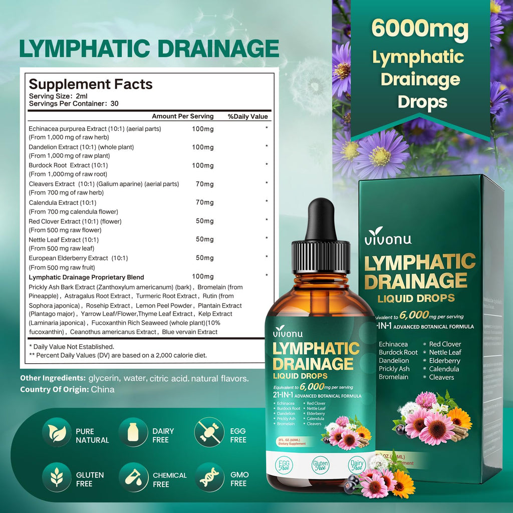 21-in-1 Lymphatic Drainage Drops for Liposomal, Immune & Lymph System Support Supplement for Women & Men with Echinacea, Dandelion, Burdock, Bromelain, Calendula, Turmeric & More, 4 Pack