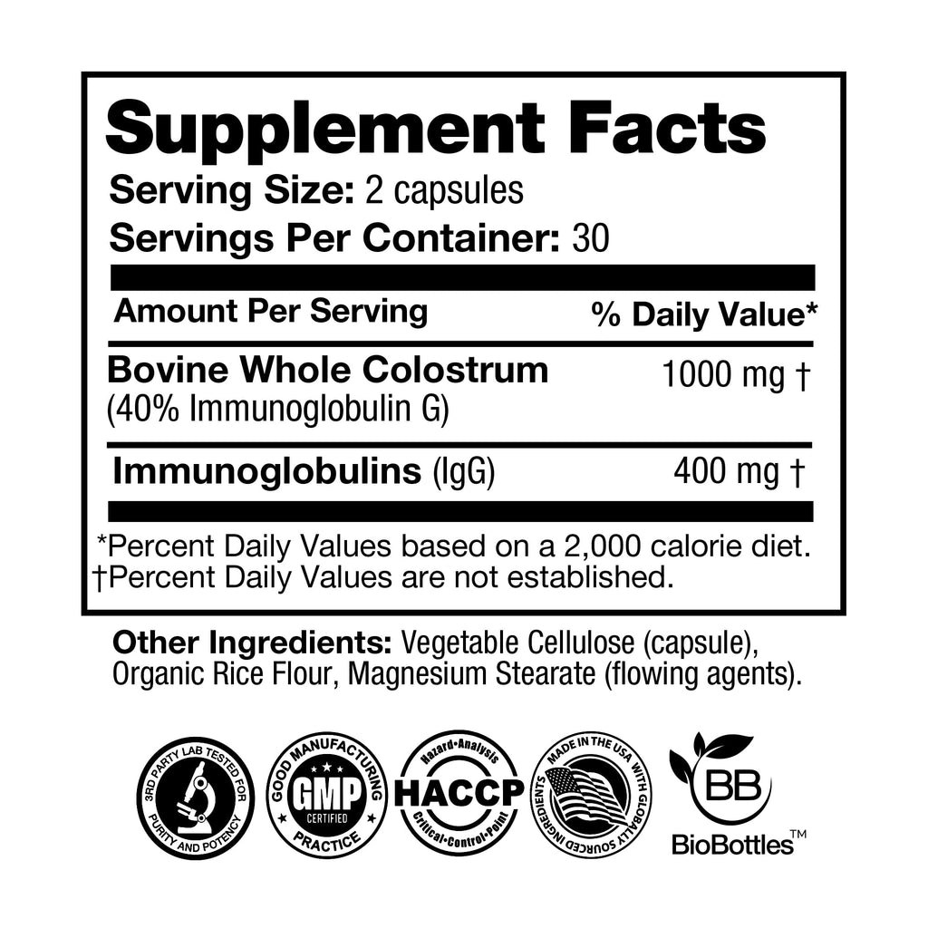 FeelGood Superfoods Bovine Colostrum Capsules - Gut Health & Immune Support - 2000mg (2g) Daily Serving - Ethically Sourced Within First 24 Hours - Nature’s Potent Superfood - 60 Capsules