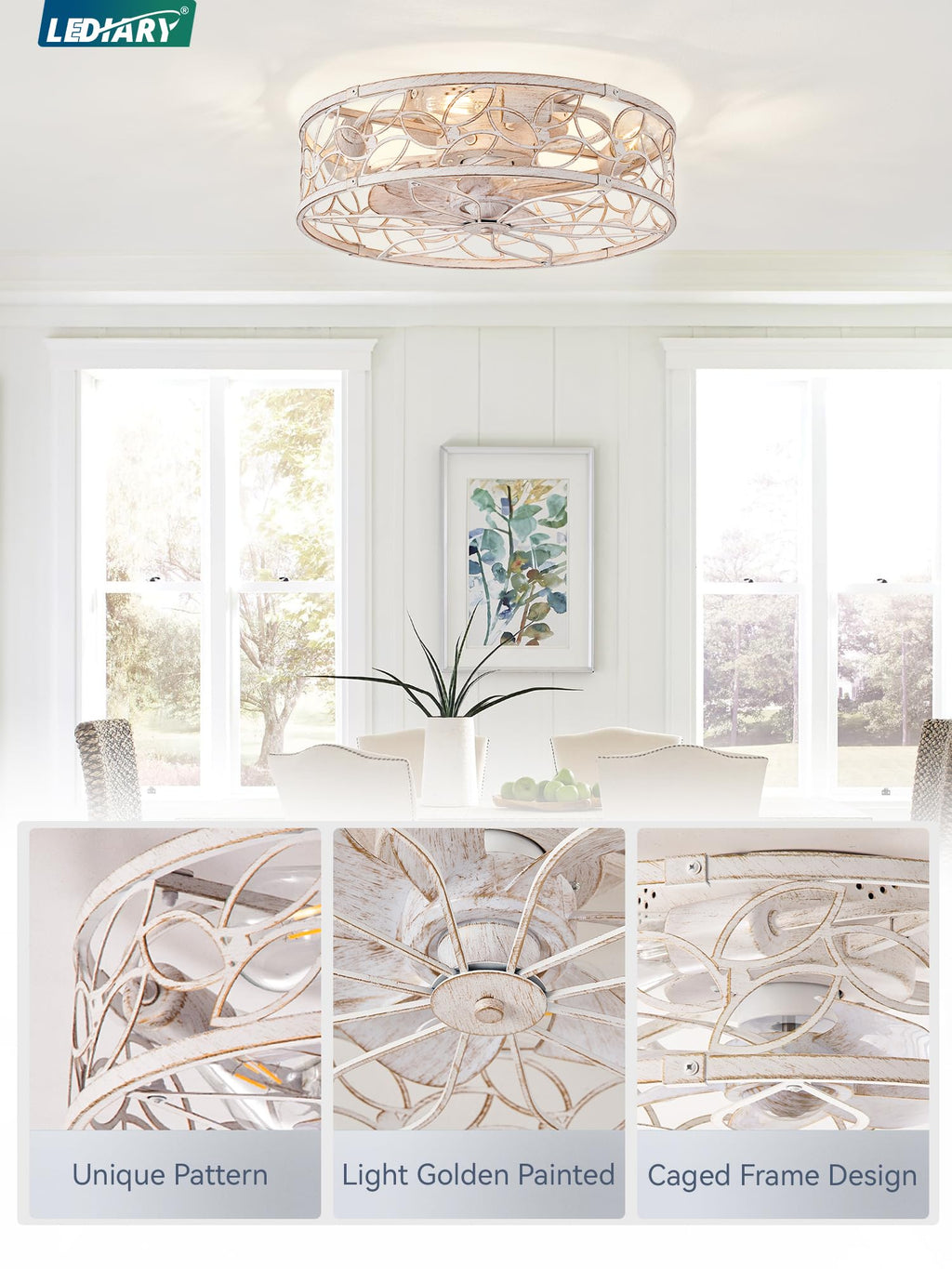 LEDIARY Caged Ceiling Fan with Light, Flush Mount Fandalier with Remote