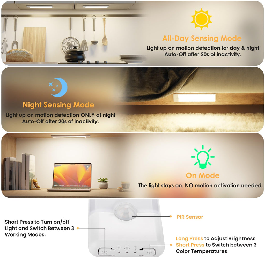 YLXS 5-Pack Motion Sensor Under Cabinet Light, 3 Color Temperature Dimmable Rechargeable Magnetic Closet Light 7.9 inch Wireless Under Counter Light