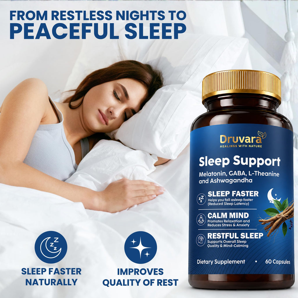 Druvara Natural Sleep Aid for Adults with Melatonin, GABA, L-Theanine & Ashwagandha, Natural Sleep Supplement for Deep, Restful Sleep - 60 Capsules