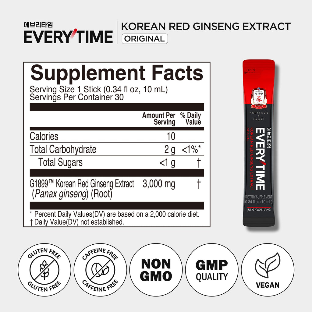 JUNG KWAN JANG Korean Red Ginseng Extract Everytime 3000mg | Sugar Free Energy Supplement, Ginseng Tea, Ginseng Supplement, Korean Food | Energy Boost, Stamina | 10 Count