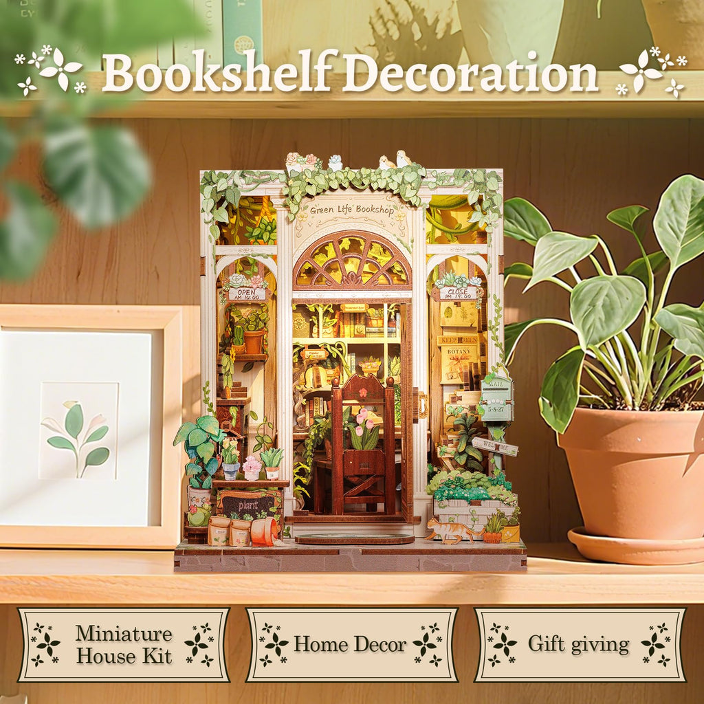 CUTEBEE Book Nook Kit - DIY Miniature House Dollhouse Kit for Adults and Teens, Booknook Tiny House Bookshelf 3D Wooden Puzzle, Gifts for Family (Green Life Bookshop)