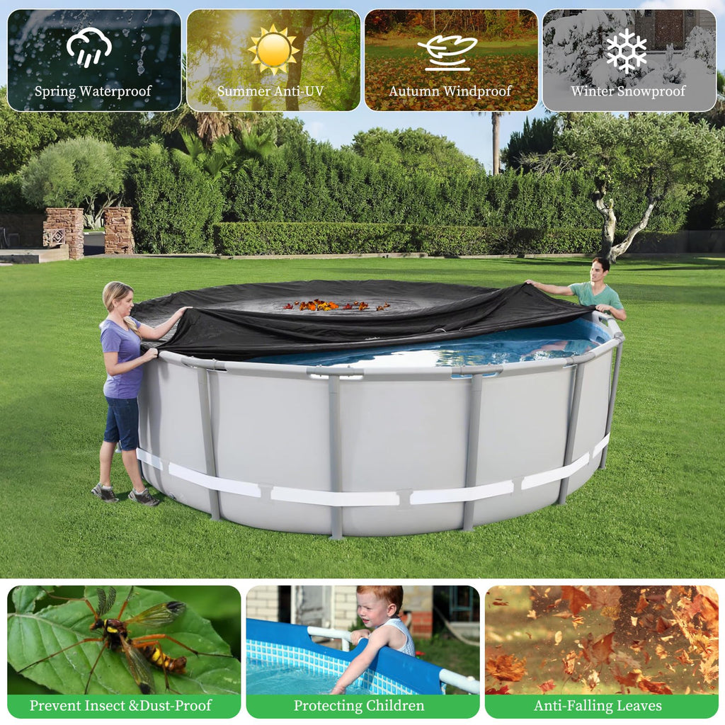 HIGHTQURO 12Ft Round Pool Cover,Heavy Duty Waterproof Round Pool Covers for Above Ground Pools with Ground Nails and Windproof Ropes,Increase Stability&Tear-Resistant, Waterproof and Dustproof, Black