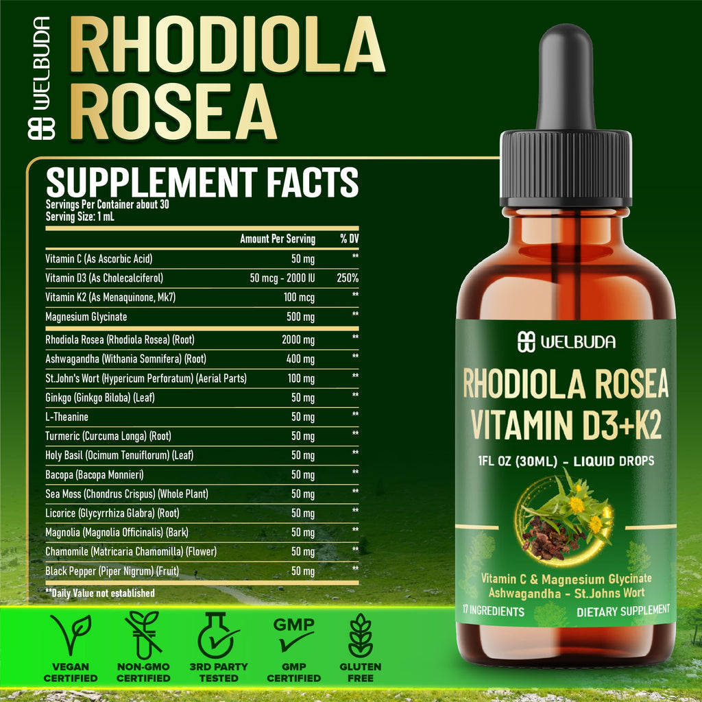 17in1 Rhodiola Rosea Liquid Supplement with Ashwagandha, Magnesium Glycine, L-Theanine, Vitamin C, Vitamin D3, Vitamin K2, Ginkgo, Turmeric, Holy Basil and More - 1 FL Oz - 60 Day Supply