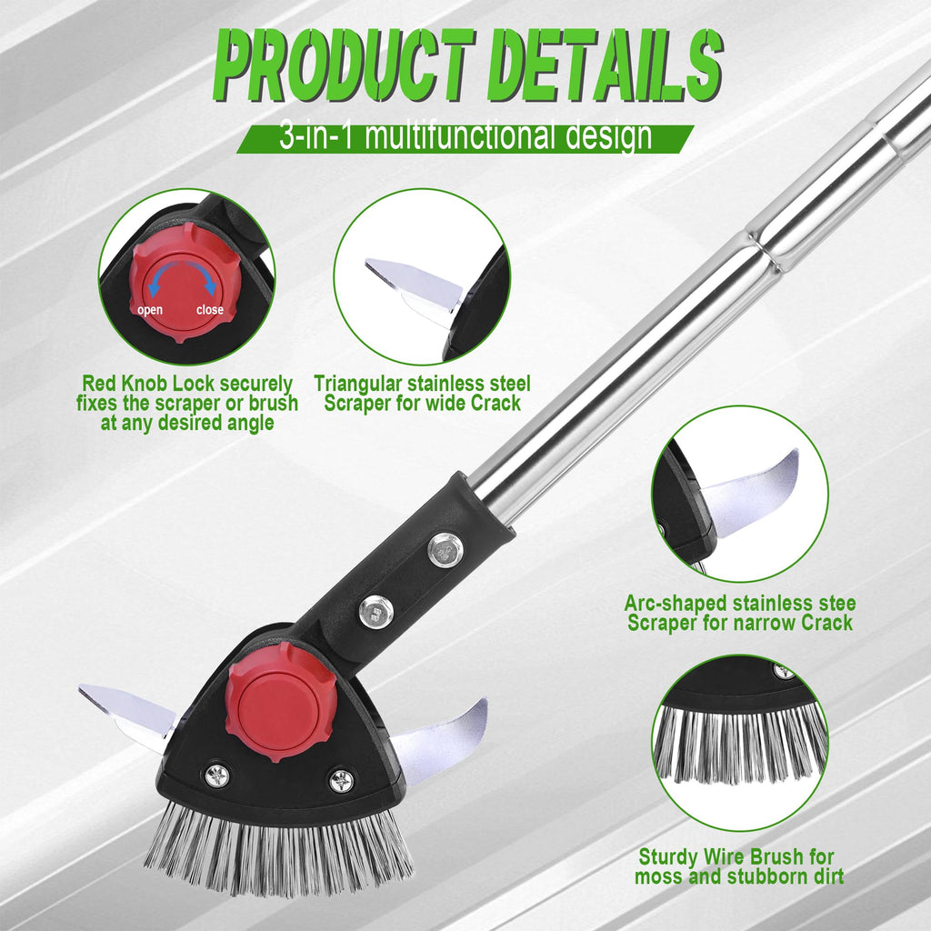 BARAYSTUS Crack Weeder Long Handle 3-in-1 Adjustable Crevice Cleaning Tool with Stainless Steel Weed Brush with 2 Scrapers Weed Puller Tool for Driveway, Patio Sidewalk to Remove Moss Weeds Dirt