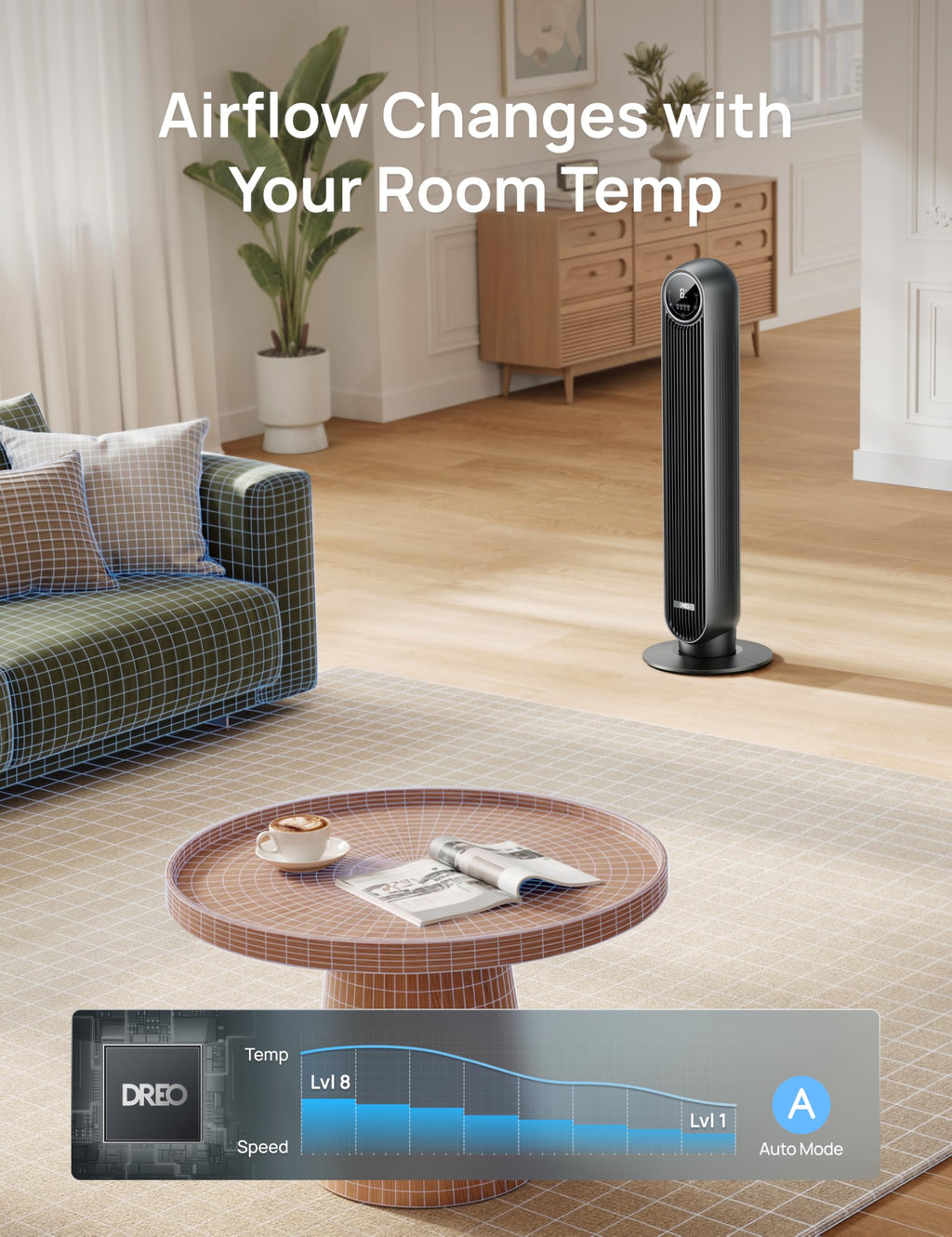 DREO Tower Fan for Bedroom, 28ft/s Velocity, Ultra Quiet Fan, 8 Speeds
