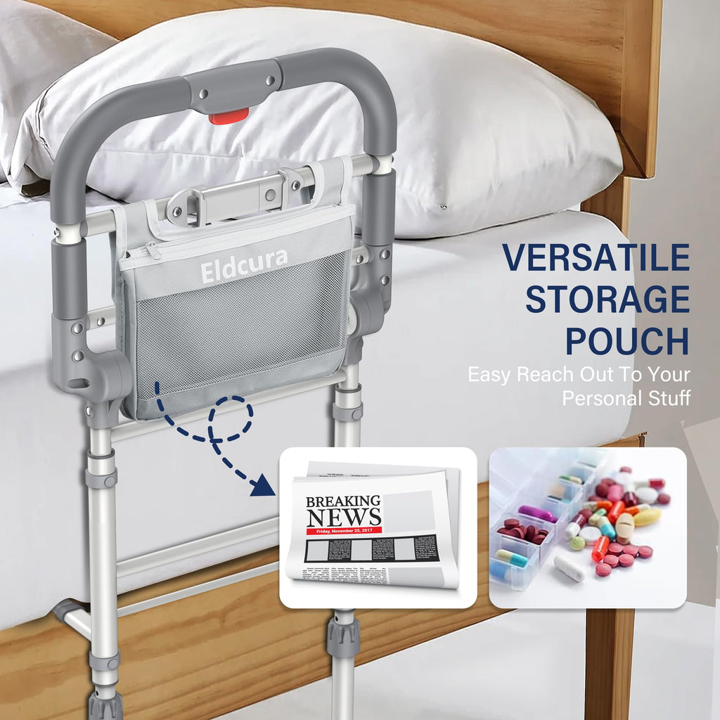 Foldable Bed Rails for Elderly Adults Safety - Heavy Duty Bed Rail for Seniors with Adjustable Height,Bed Side Rails with Motion Sensor Light and Storage Pocket,Fits King Queen Full Twin Beds,400LBS