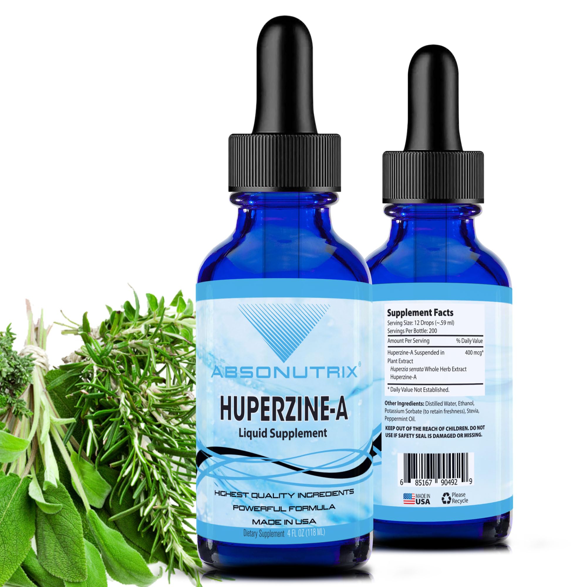 Absonutrix Huperzine-A Liquid Supplement 400 mcg, 200 Servings per Bottle of 4oz, Made in USA, Quick Absorption, Quality Potent Ingredients, Non-GMO, GMP Certified Facility, Cruelty-Free Products