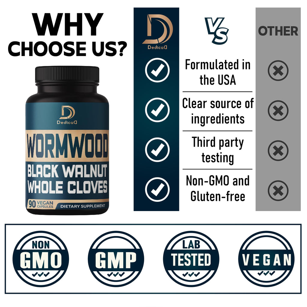 DEDICAD 12in1 Wormwood Black Walnut Clove Capsules - Immune, and Mood Support - 3 Month Supply - 90 Vegan Capsules