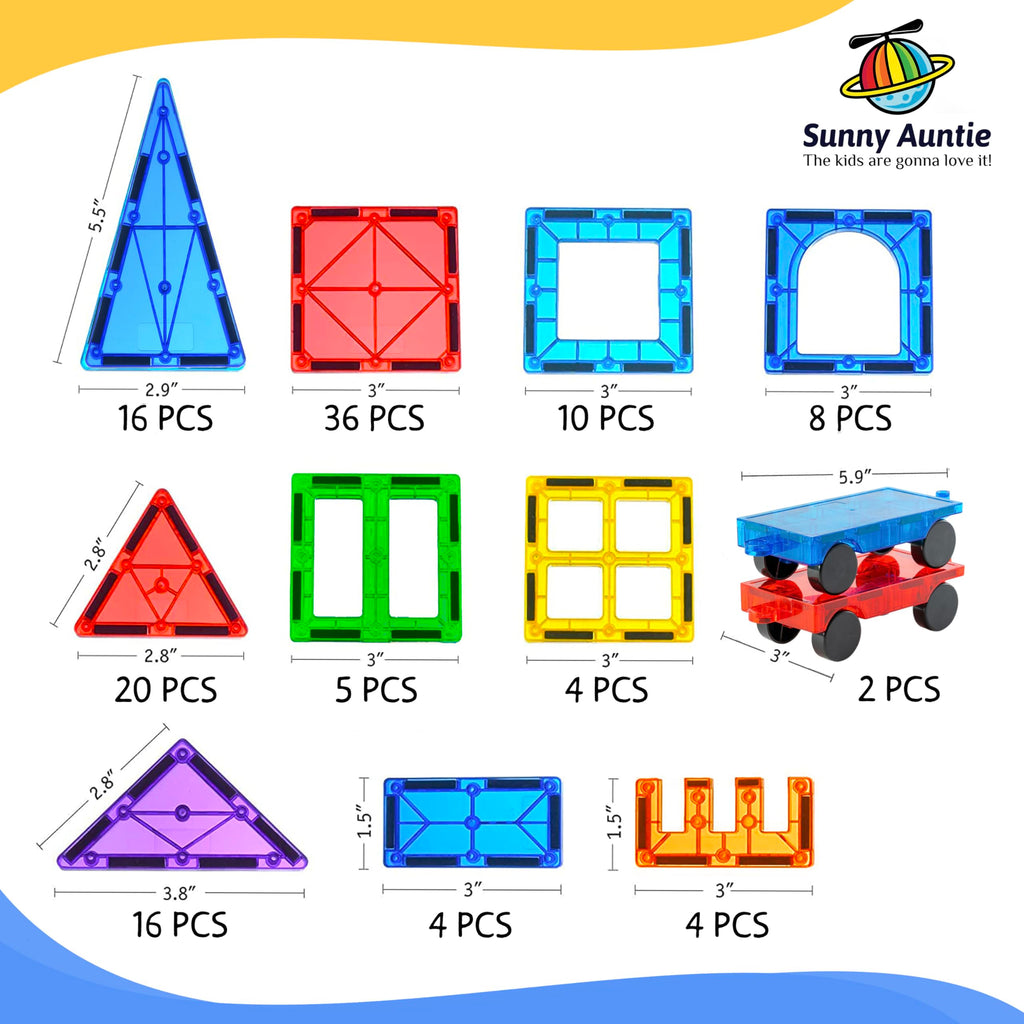 SUNNY AUNTIE Magnetic Tiles 125 PCS+ Bonus Zippered CASE, Kids Toy for 3 4 5 6 7 8 Year Old Boys & Girls, Magnetic Tiles Building Set, Great Gift for Kids Aged 3-8, XL Set