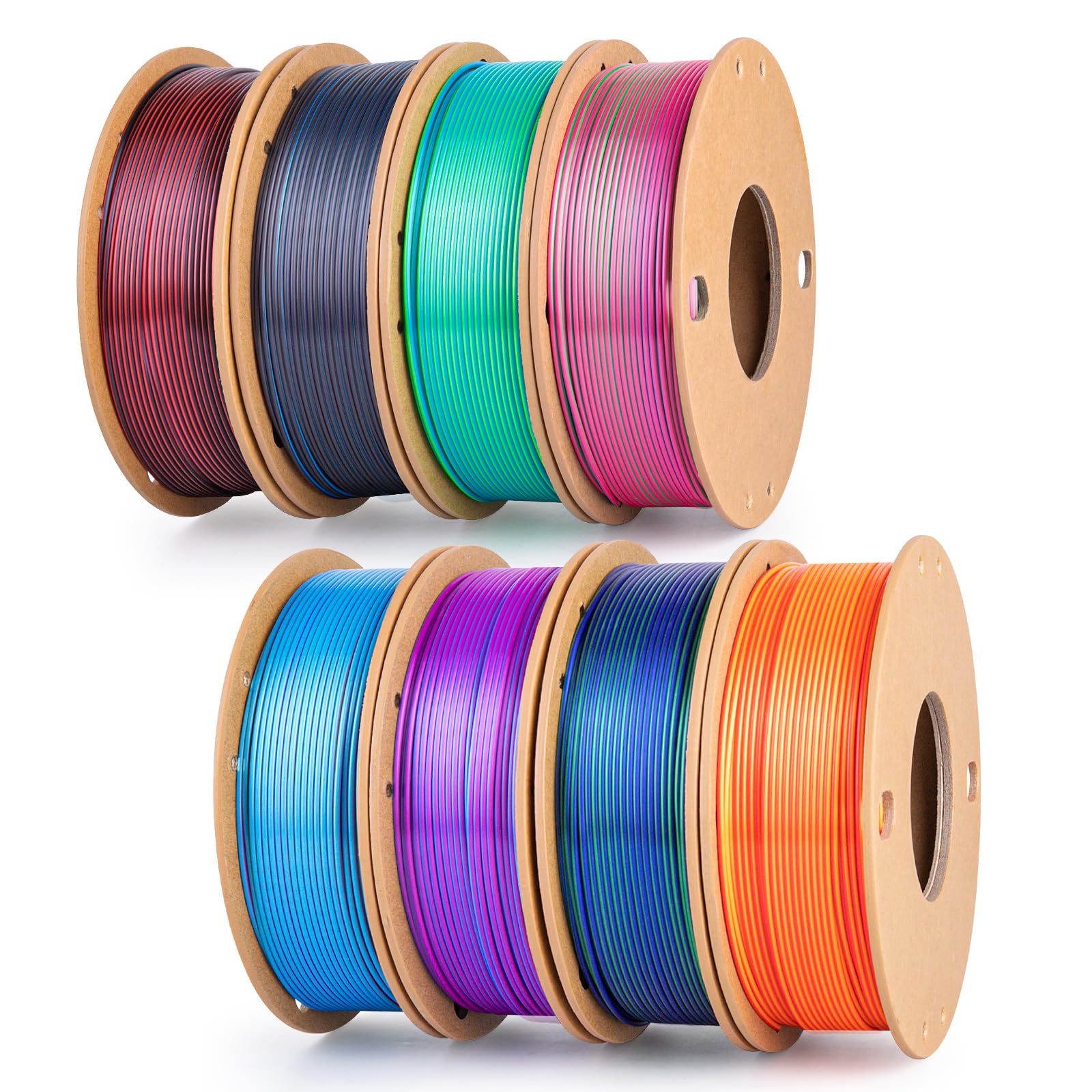 dikale Silk 3D Printing Filament PLA+ Multicolor 8 Packs- 4 Dual Colors Spools & 4 Tricolor Spools - 1.75mm 3D Printing PLA Pro 250g x 8 Bundles