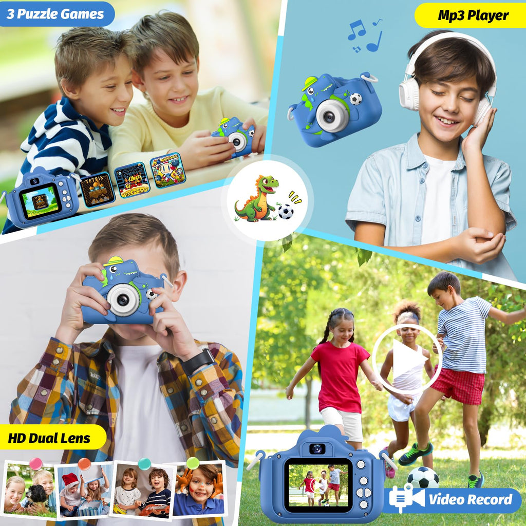 Dinosaur Kids Camera for Boys Girls, Toddler Digital Selfie Camera with Cute Protective Cover and SD Card, Christmas Birthday Gifts Toys for 3 4 5 6 7 8 9 10 11 12 Years Old Little Girls and Boys