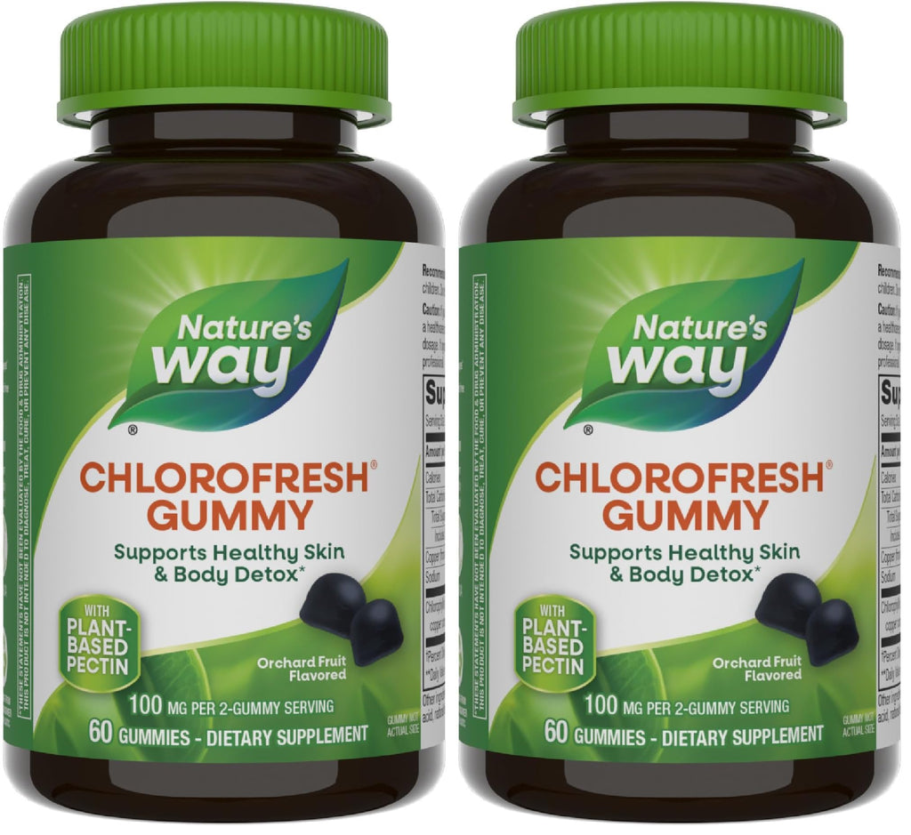 Nature's Way Chlorofresh Chlorophyll Gummies, Supports Healthy Skin and Body Detox*, Internal Deodorant*, Orchard Fruit Flavored, 60 Gummies, (Pack of 2)