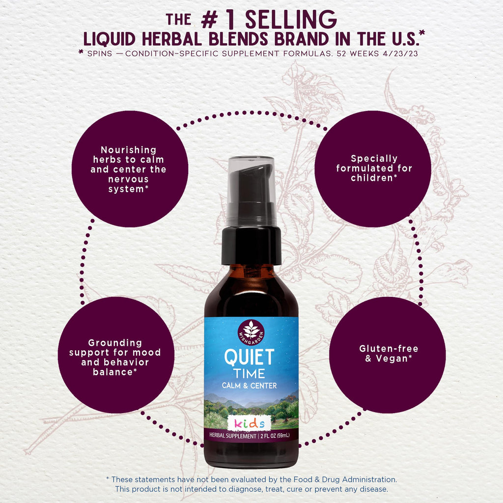 WishGarden Herbs Quiet Time for Kids, Organic Herbal Calming Tincture with Passionflower, Milky Oat & Skullcap, Eases Tantrums, Soothes Overstimulated Kids, Supports Bedtime Calm, Liquid Drops, 2oz