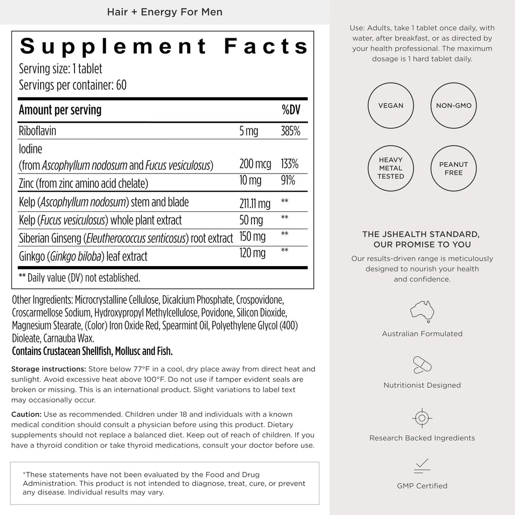 JSHealth Hair Growth Supplement for Men. Kelp Iodine, Zinc, Siberian Ginseng, Ginkgo. Supports Hair, Healthy Hormone Levels, Energy, Stamina. Nutritionist-Formulated (60 Tablets)