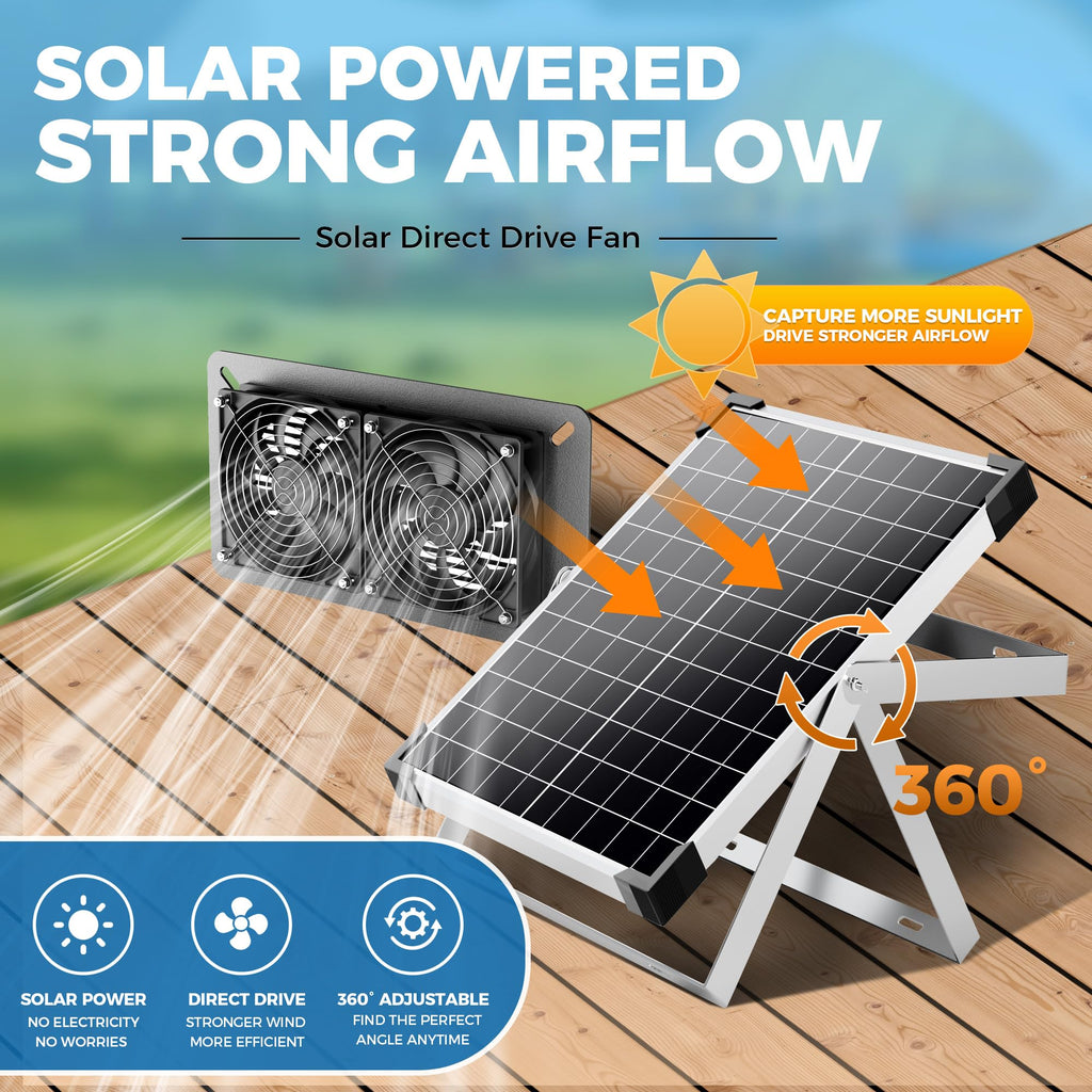 Solar Fan Kit for Chicken Coop - Two IP65 Waterproof 5" Solar Powered Fans - Outdoor Exhaust Intake Ventilation Fan for Outside Shed Greenhouse Attic Pet House - Strong Airflow Without Battery
